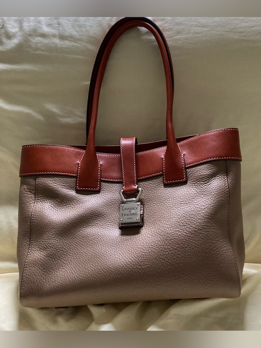 Dooney & Bourke Taupe Pebble Leather Tote with Cognac Trim